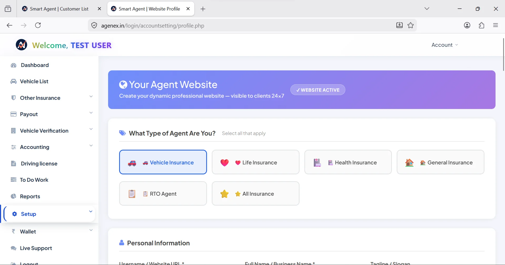 Agenex free agent website desktop — personal branded mini-site with WhatsApp click-to-chat, quote form and click-to-call buttons