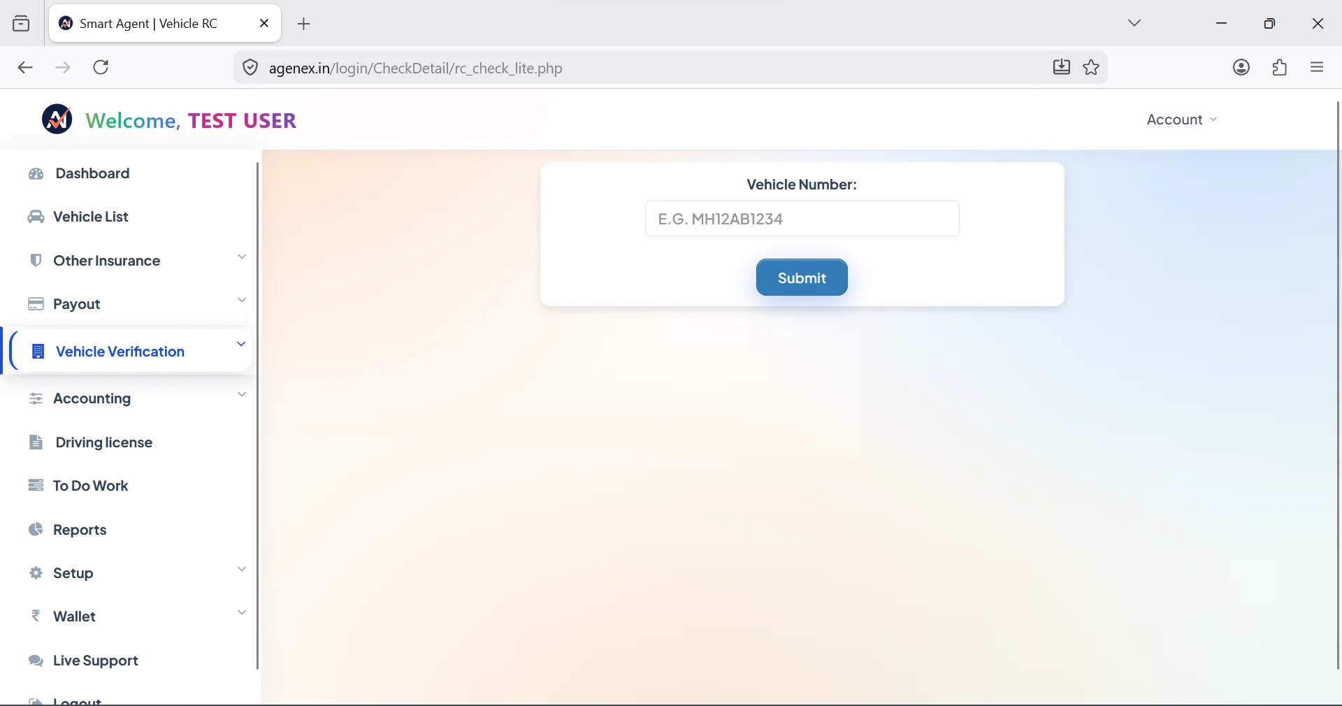 Agenex RC and challan check desktop — Vahan-integrated vehicle verification, owner details, fitness, insurance status and pending e-challans