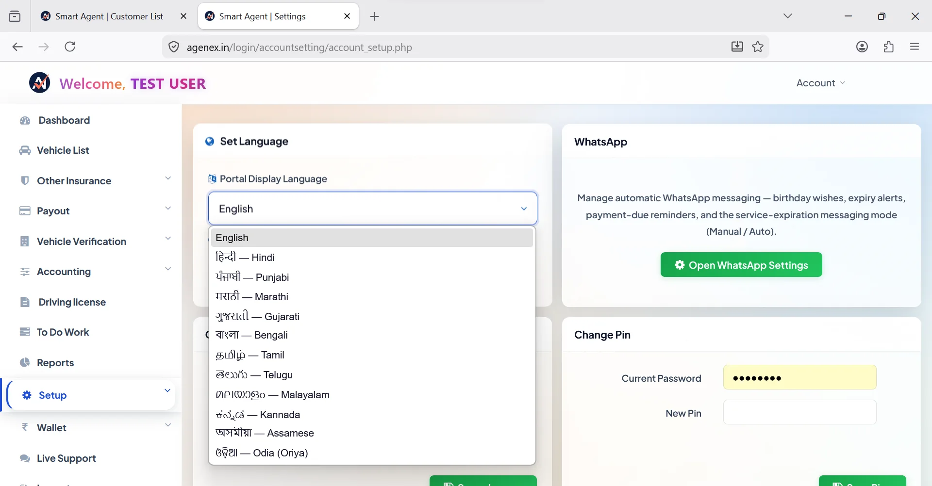 Agenex language settings desktop — switch the whole app to Hindi, Tamil, Telugu, Bengali, Marathi, Gujarati, Punjabi, Kannada, Malayalam or English