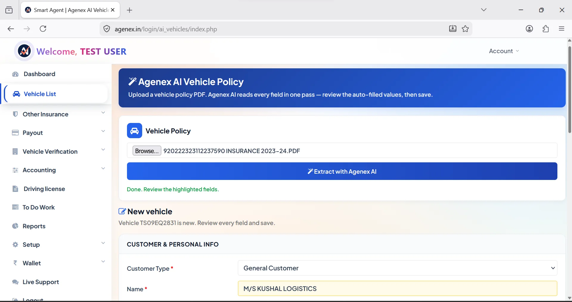 Agenex AI document scanner desktop view — upload policy PDF and auto-extract every field in 2 seconds with 99%+ accuracy