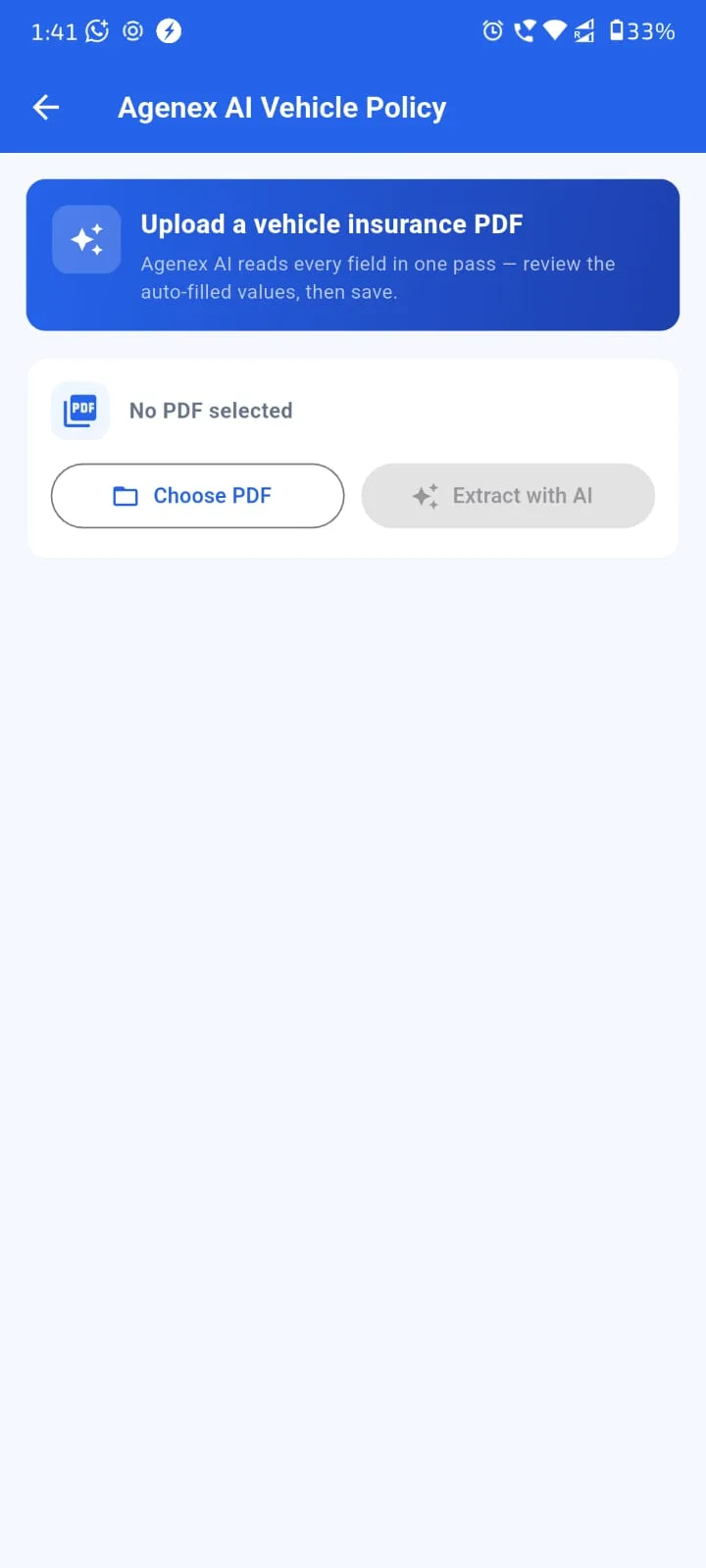 Agenex AI document scanner Mobile app view — photo se data extract