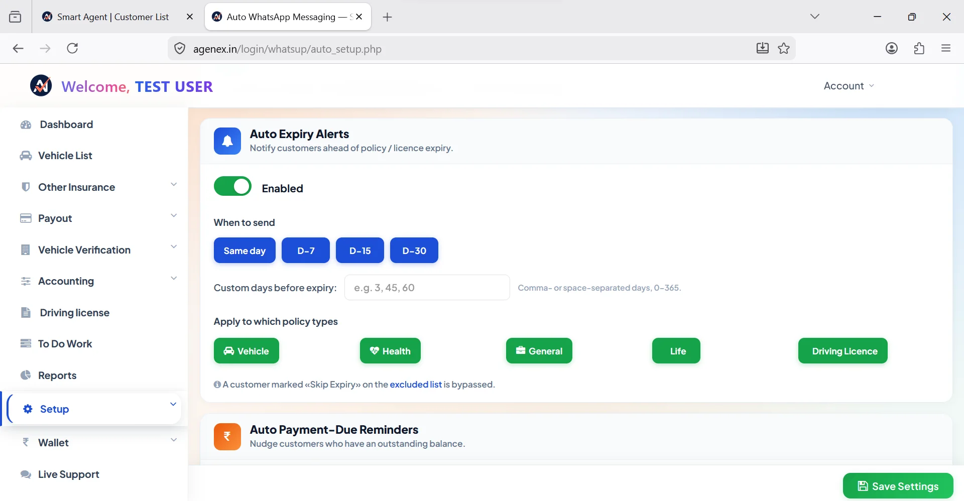 Agenex auto WhatsApp expiry alerts desktop settings — customise timing 0/7/15/30 days per policy type with bulk send in 10 Indian languages