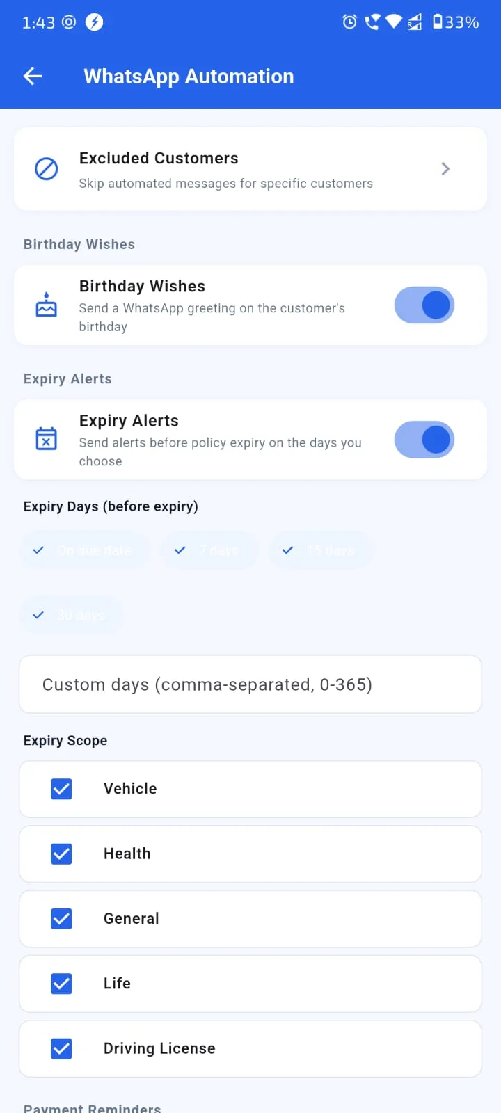 Agenex auto WhatsApp reminder Mobile app — renewal alerts and birthday wishes in 10 Indian languages