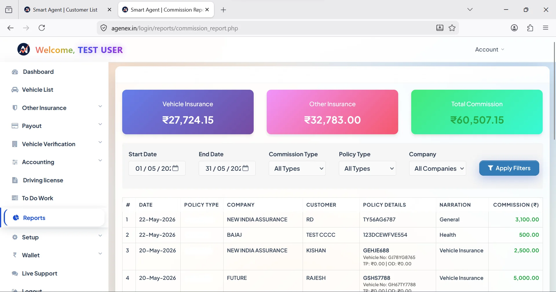 Agenex commission report desktop — insurer-wise auto-calculated payouts, pending vs received, downloadable monthly statements