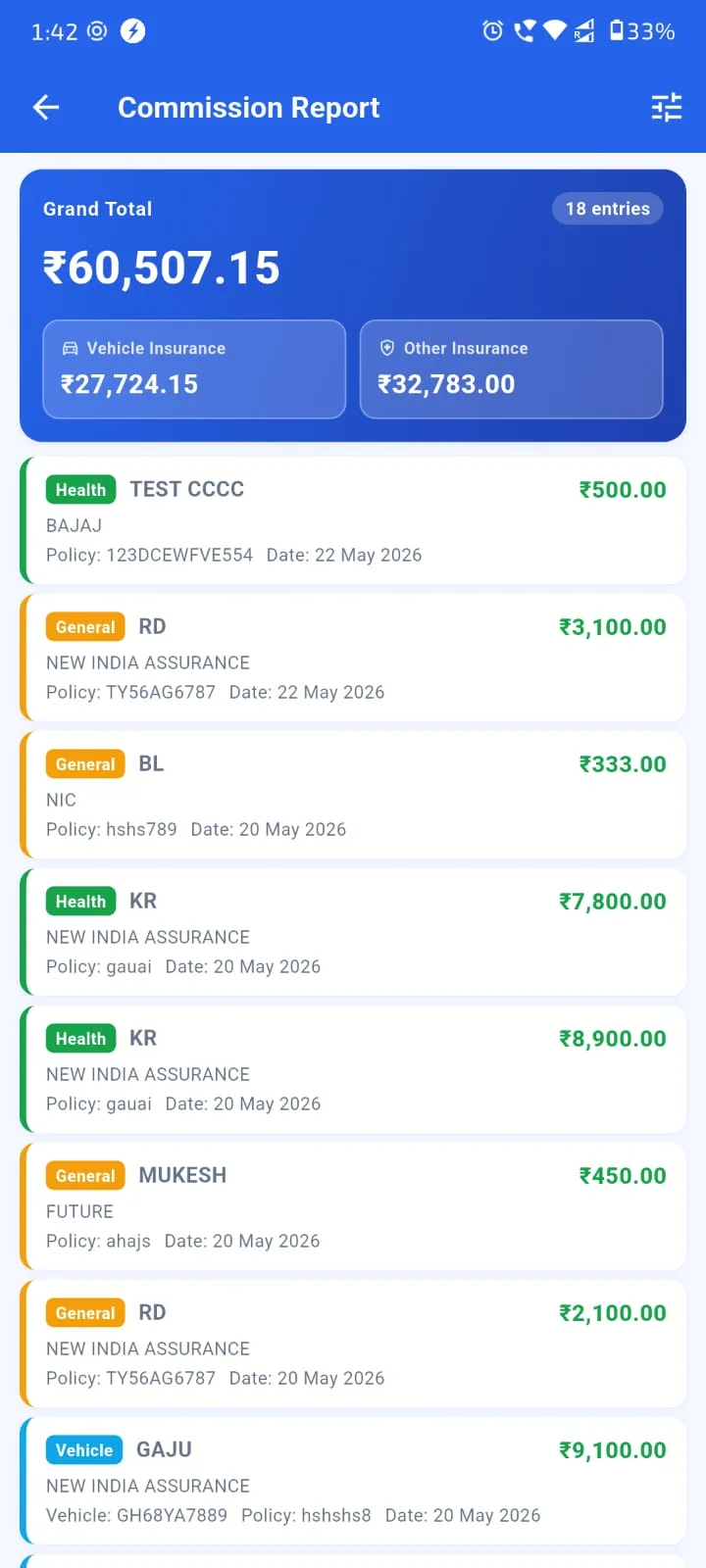 Agenex commission report Mobile app — insurer-wise commission breakdown