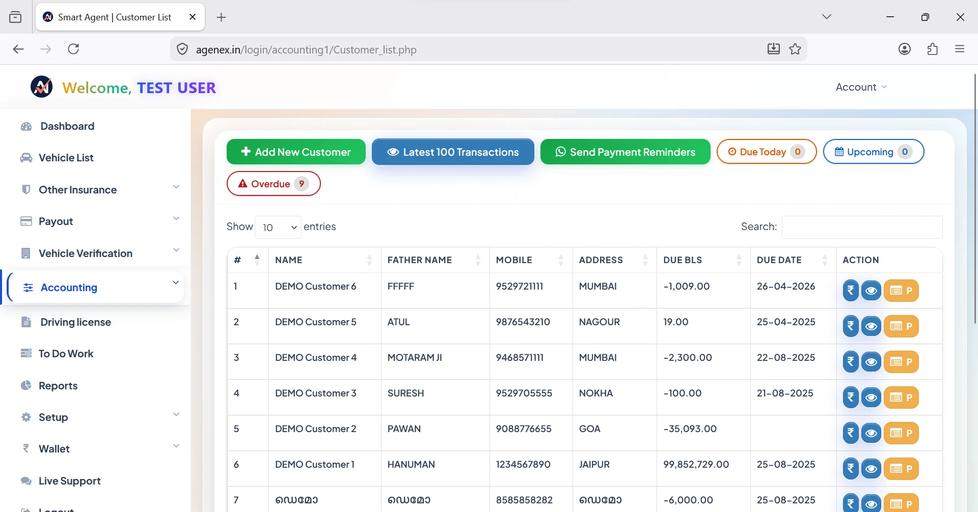 Agenex customer list desktop dashboard — searchable client database with due, settled, overdue tags and one-tap WhatsApp button per row