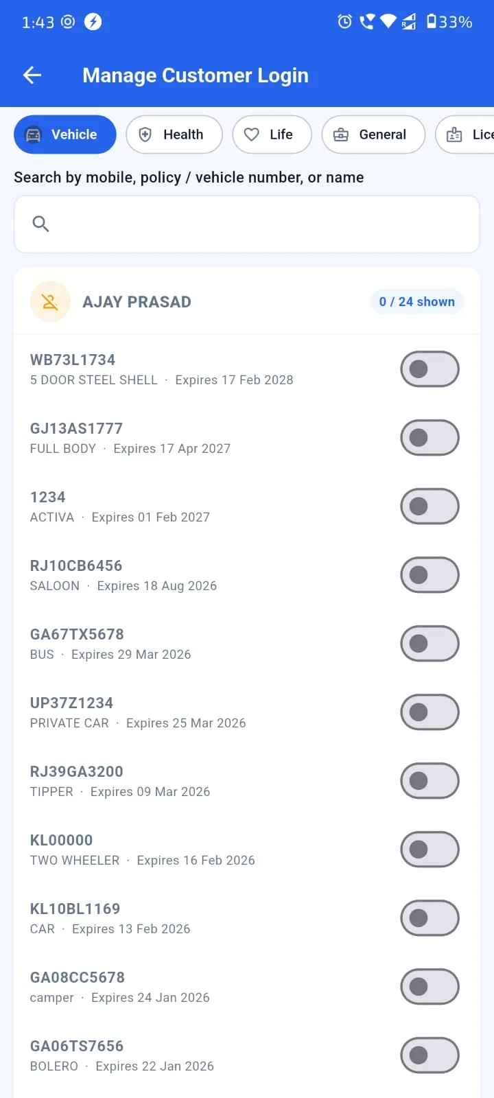 Agenex customer self-service portal Android view — clients log in to see their own policies, premium history and document vault