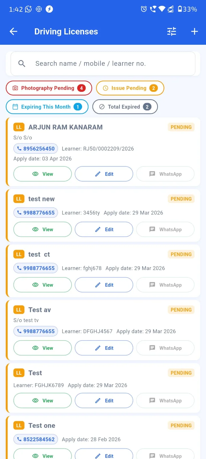 Agenex driving licence manager Mobile app — DL records, expiry alerts, HMV/HPMV endorsement classes, multi-state RTO support