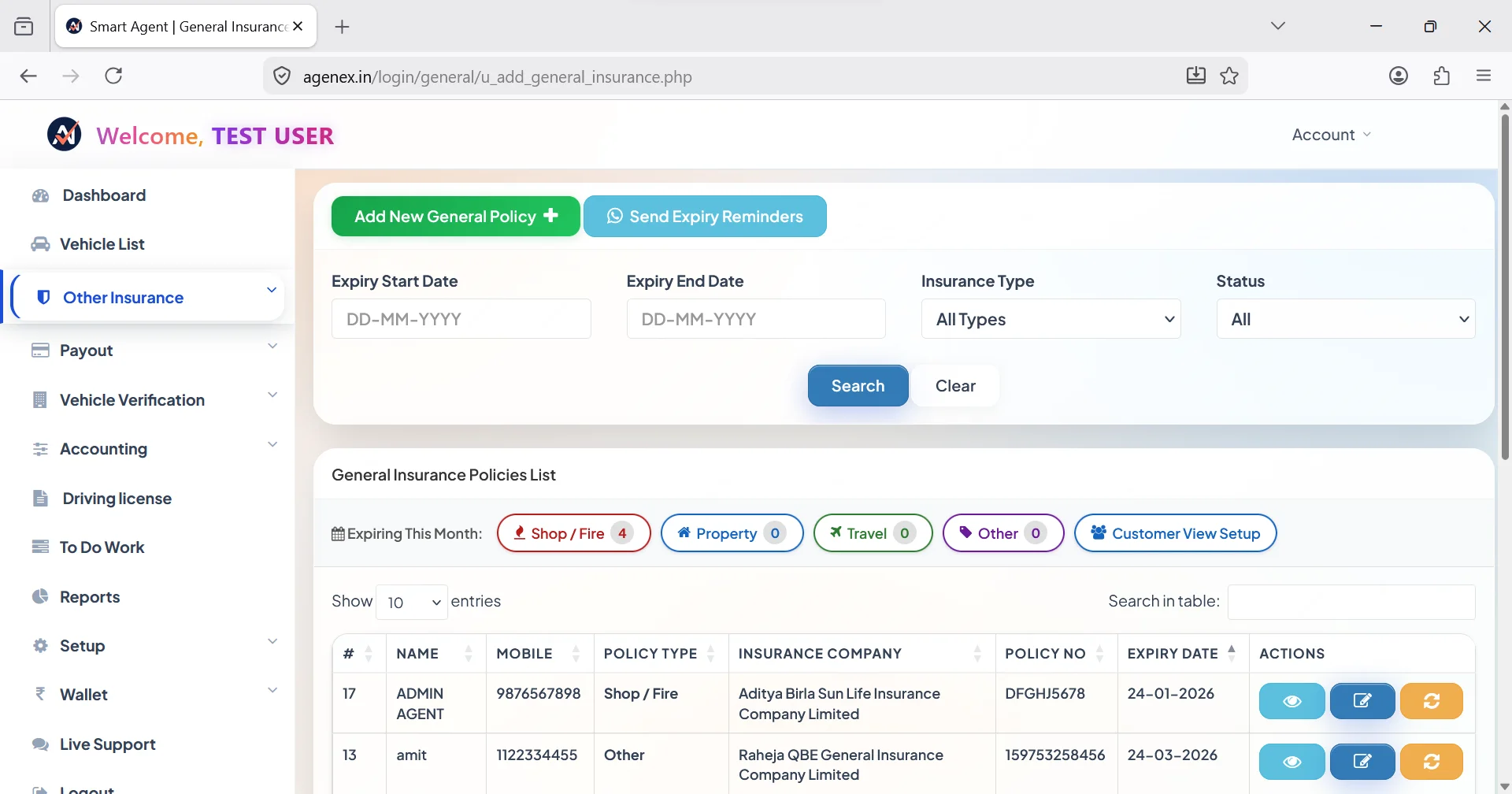 Agenex general insurance management desktop — home, shop, fire, marine, crop, pet, liability policies