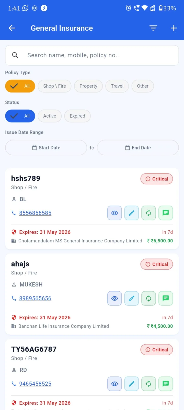 Agenex general insurance Mobile app — home, shop, fire, marine, crop, pet