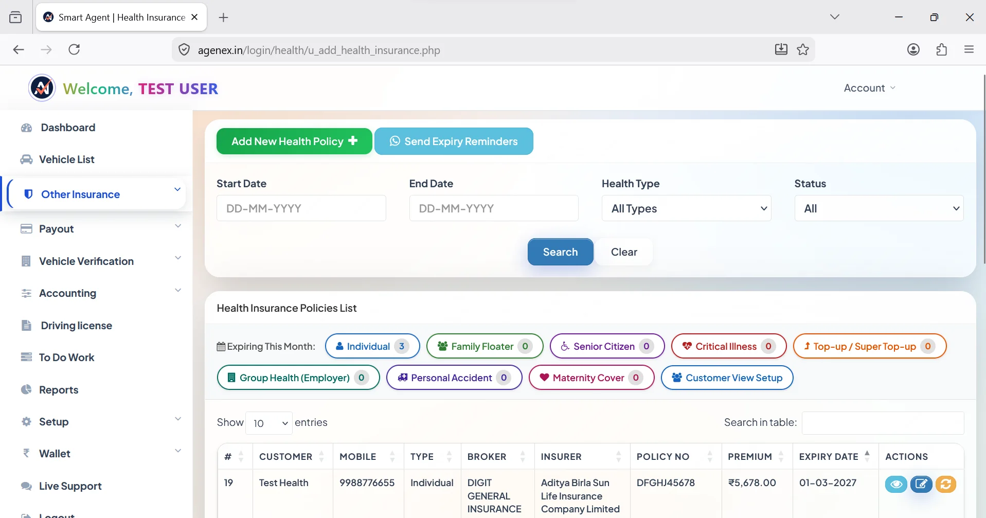 Agenex health insurance portfolio tracker desktop — sum insured, NCB, family floater, cashless network, claim status