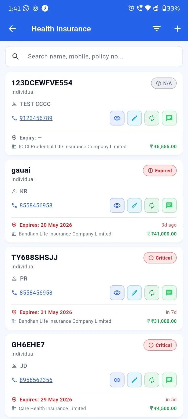 Agenex health insurance Mobile app — portfolio with cashless network and claim status