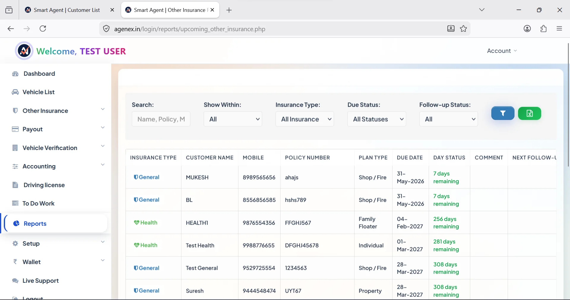 Agenex multi-line insurance CRM desktop — motor, health, life, general, marine, travel, crop, pet insurance all in one dashboard