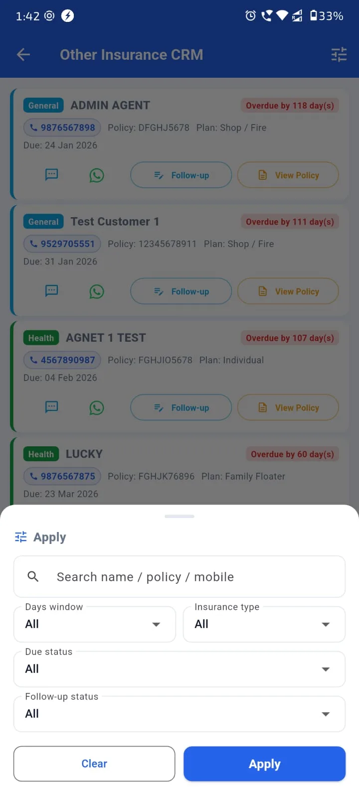 Agenex multi-line insurance Mobile app — every line of business in one CRM