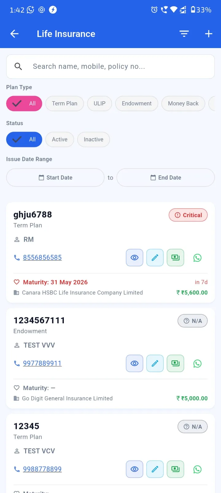 Agenex LIC life insurance Mobile app — installments, paid-up status, nominee