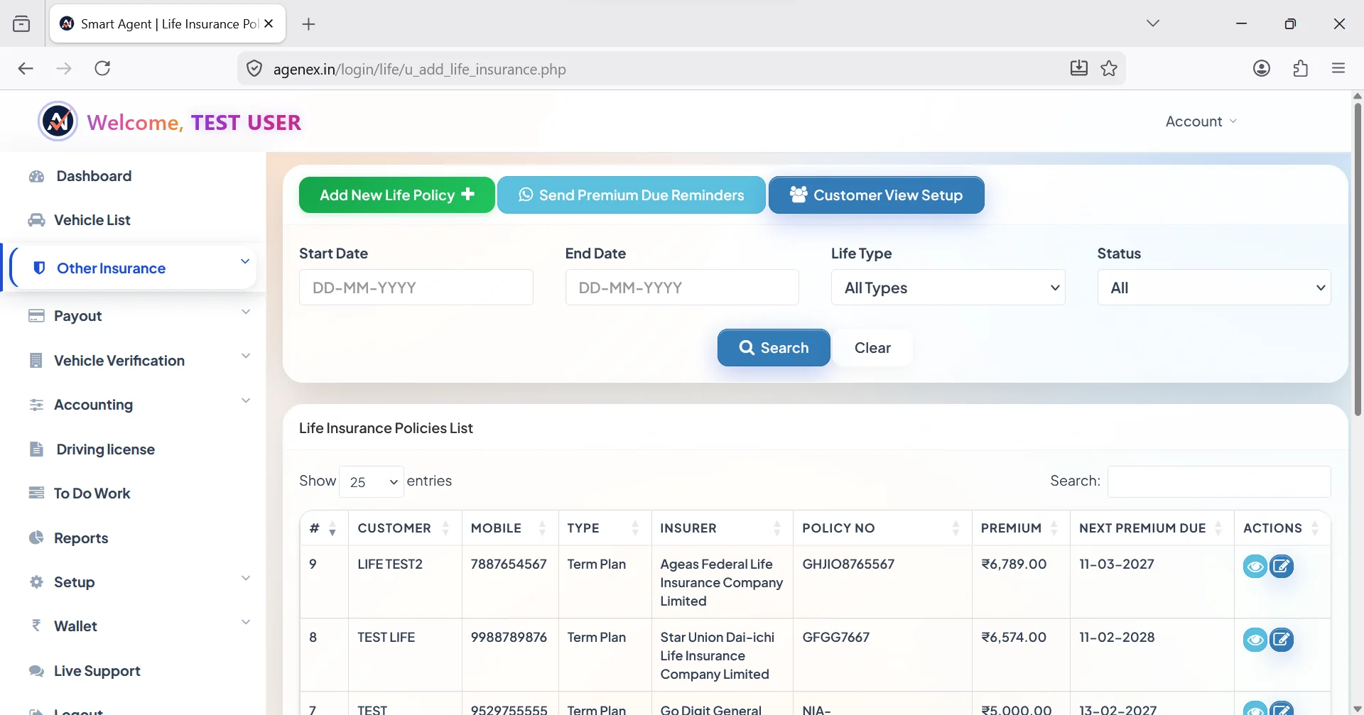 Agenex LIC life insurance management desktop — endowment, term, money-back, ULIP with installment tracking and nominee mapping