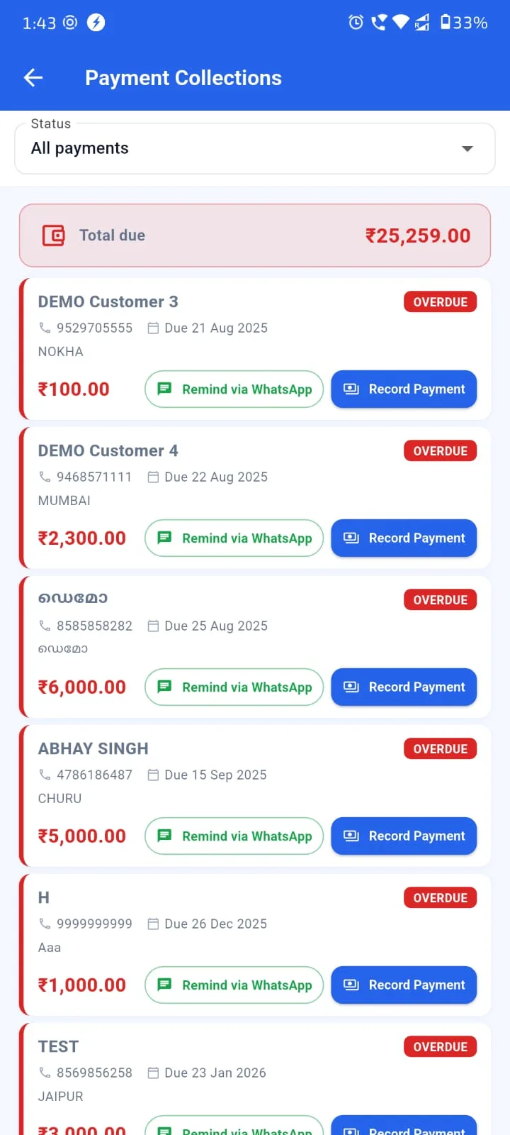 Agenex payment collection report Mobile app — receivables aging, due reminders and daily collection summary