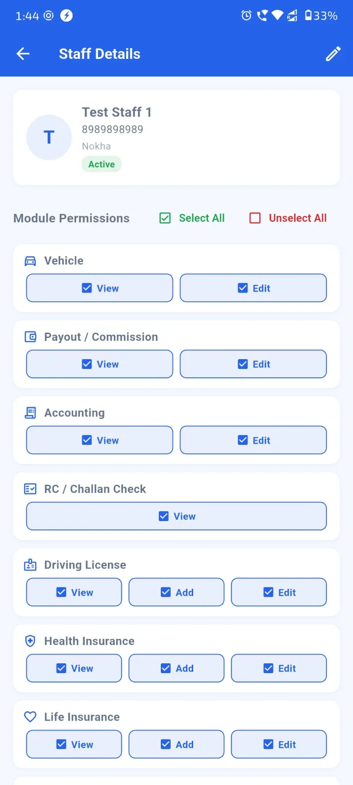 Agenex staff management Mobile app — role-based access, view and edit permissions per employee