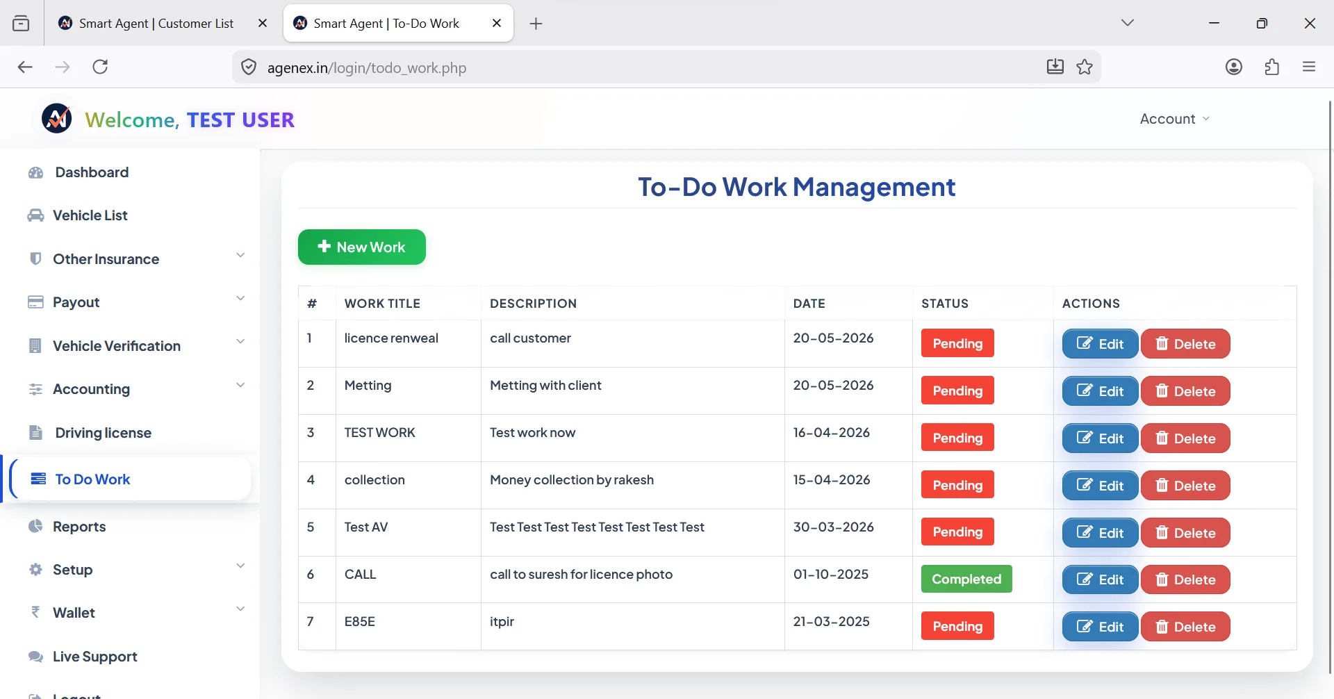 Agenex daily to-do list desktop — call backs, follow-ups, claim status, payment chase auto-organised