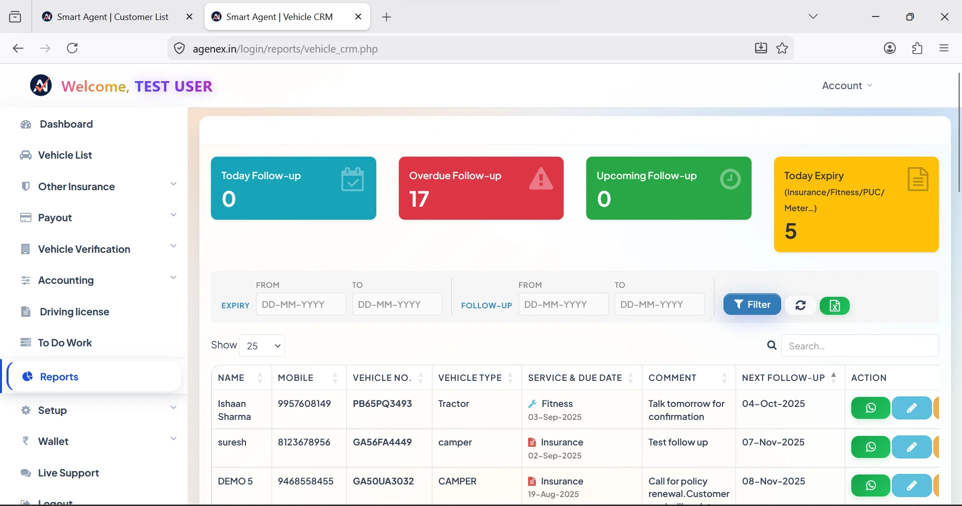 Agenex motor insurance CRM — bike, car, commercial vehicle portfolio with renewal alerts — Agenex web dashboard view