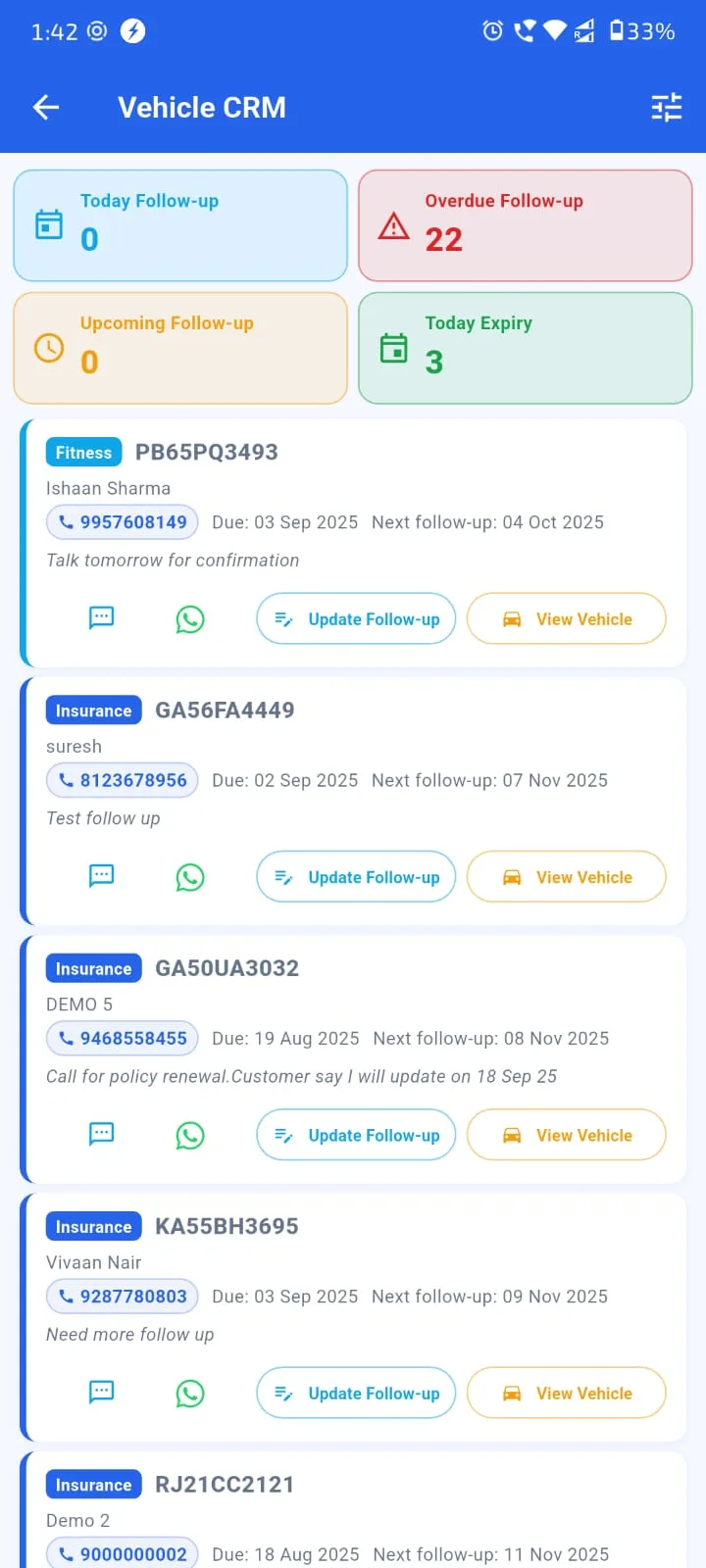 Agenex motor insurance CRM — bike, car, commercial vehicle portfolio with renewal alerts — Agenex Mobile app view