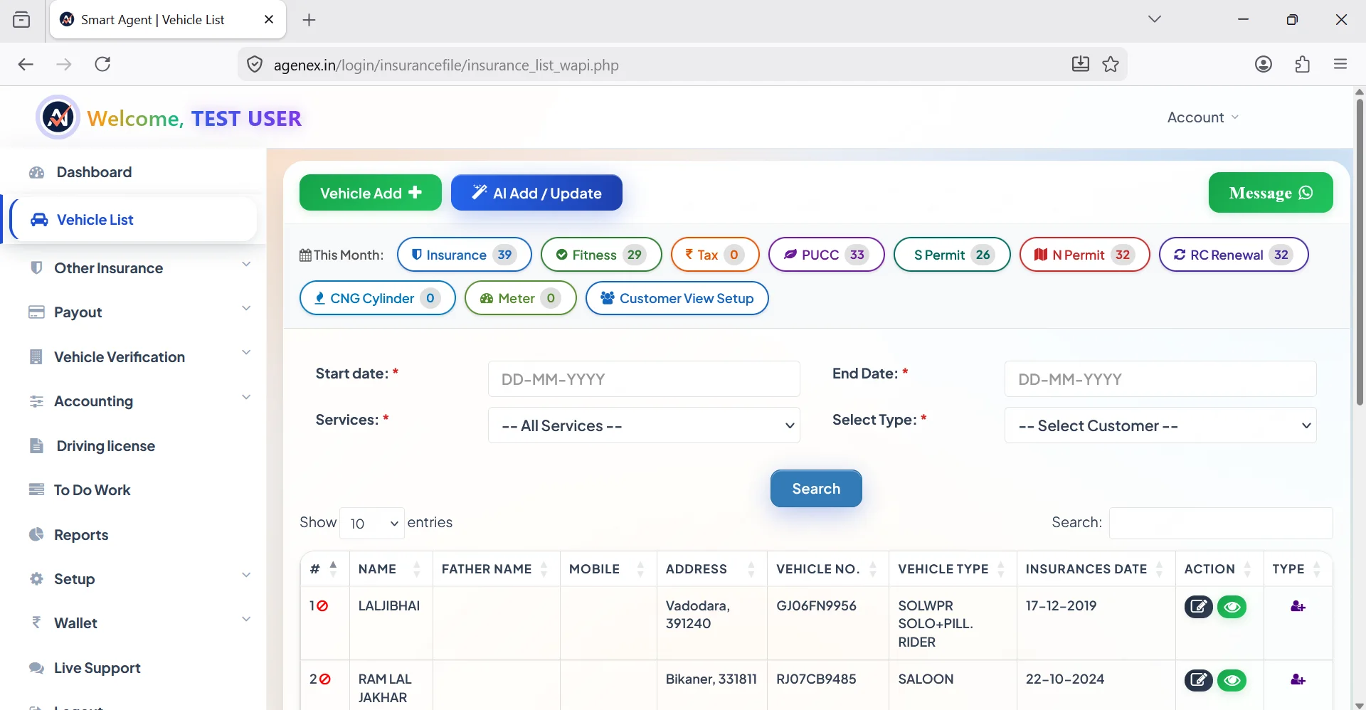 Agenex vehicle policy management desktop — track Insurance, PUC, Fitness, Tax, Permit, CNG and Meter expiries per vehicle with Vahan-integrated RC check
