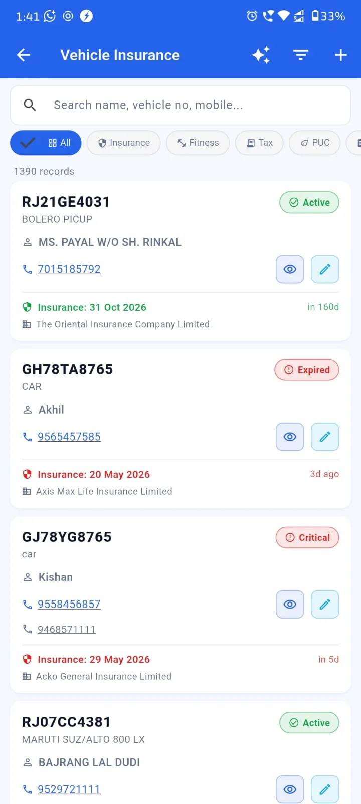 Agenex vehicle policy Mobile app — Vahan RC fetch and 8-expiry tracking per gaadi